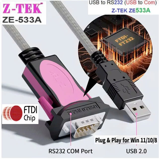 Cáp USB to Com RS232 Z-Tek 1,8m ZE533A Chíp FTDI FT232 Cáp USB to Com RS232 Z-Tek 1,8m ZE533A Chíp FTDI FT232