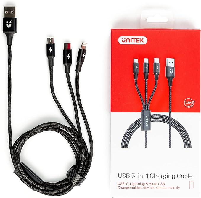 Cáp sạc đa năng 3 trong 1 USB-A sang USB-C / Micro USB / Lightning UNITEK C1409BK/RD Cáp sạc đa năng 3 trong 1 USB-A sang USB-C / Micro USB / Lightning UNITEK C1409BK/RD